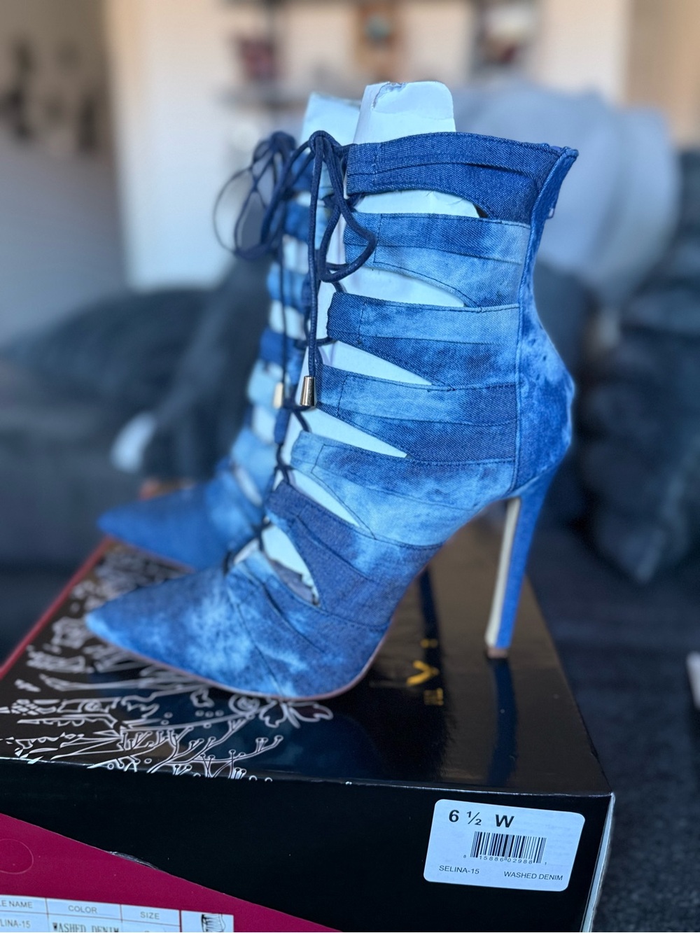 Liliana Washed Denim Blue Lace-Up Stiletto Booties